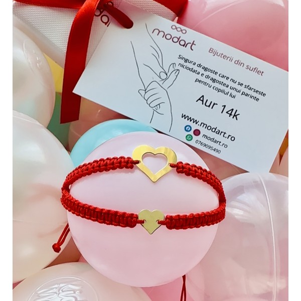 Set mama fiica bratari aur 14 K, mama si copil, bratara snur rosu bebelus/nou nascut, talisman rosu deochi, aur 14k, snur reglabil, inima si inima decupata, auriu