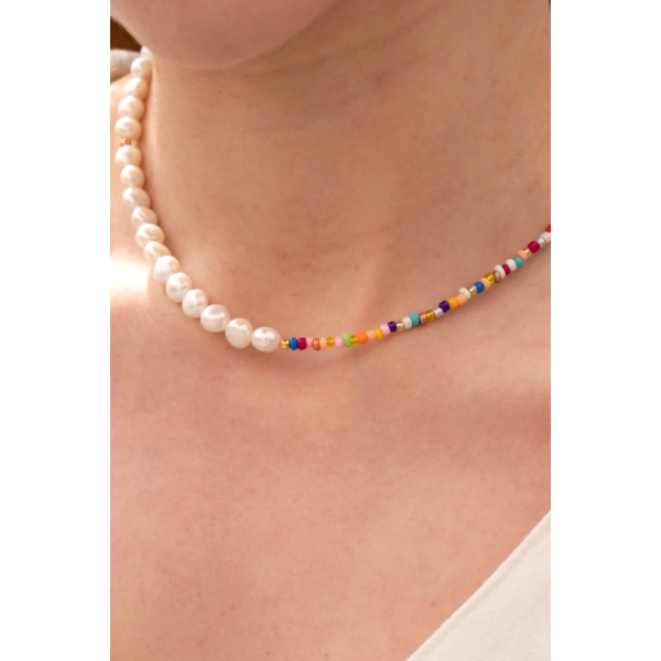 Colier perle naturale cu aur , colier aur la baza gatului, inchidere aur 14k, coliere din aur cu perle de cultura si mix cristale summer, colier pietre naturale