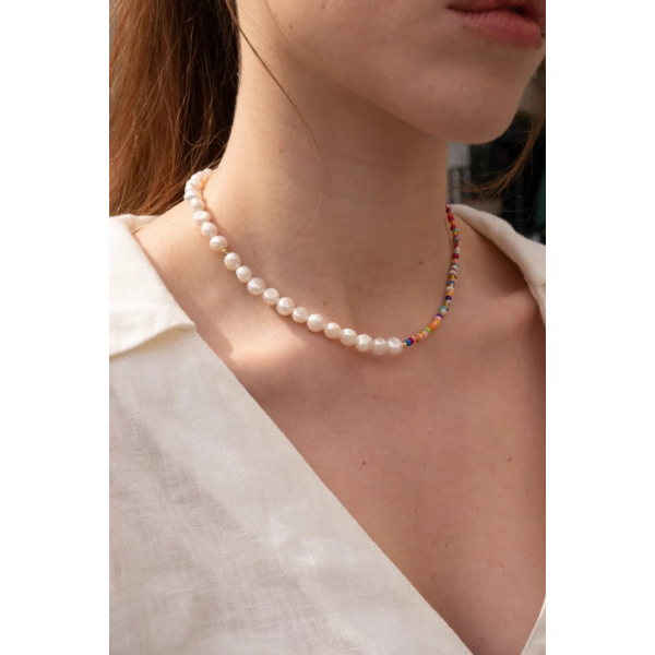 Colier perle naturale cu aur , colier aur la baza gatului, inchidere aur 14k, coliere din aur cu perle de cultura si mix cristale summer, colier pietre naturale