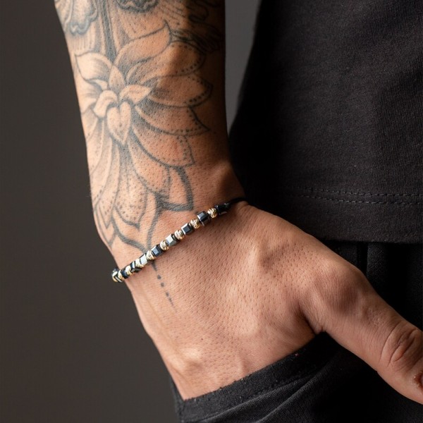 Bratara bilute aur 14k si cristale cubice fatetate, bile 2 sau 3 mm, la alegere din aur 14k striate, barbat/dama, snur gros din matase, cristale negre 4 mm