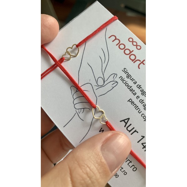 Set bratari de aur 14k mama si copil/bebe, set mama fiica aur 14k, snur reglabil rosu, mini figurina 2 inimi, auriu