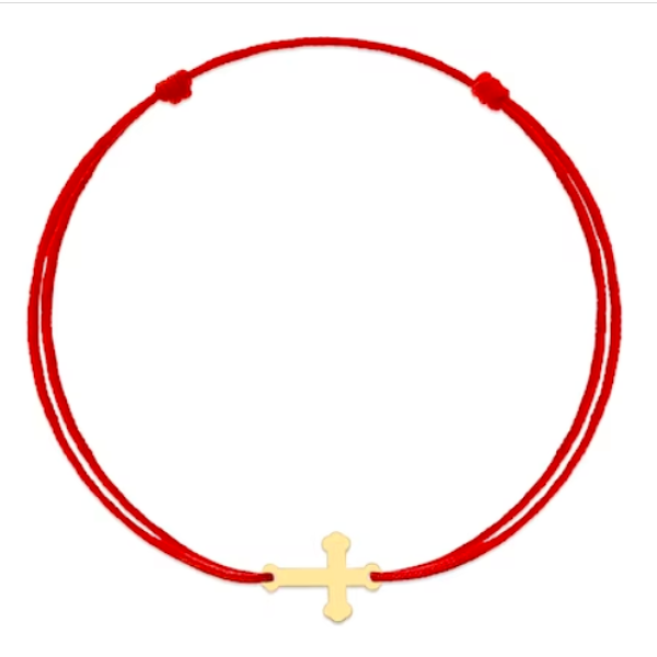 Bratara cruce din aur 14k, dama/copil/barbat/bebelus, aur 14k, snur rosu reglabil, mini figurina cruciulita, auriu