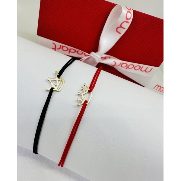 Set bratari aur cupluri, aur 14k, dama/barbat, coronita rege si regina, snur reglabil rosu/negru, auriu