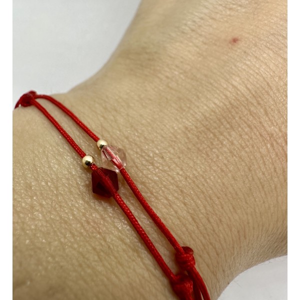 Martisor de aur tip bratara cu bila din aur 14 k cu snur reglabil, dama/copil, aur 14k, snur matase, biluta de aur 14k si cristal rosu/roz, aur galben