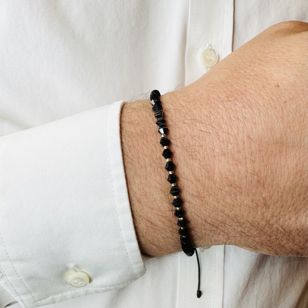Bratara cu 10 bile aur 14k striate/simple si cristale de sticla biconice fatetate, barbat/dama, bilute aur 14k, snur gros, impletit din matase